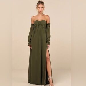 NWT Glorious Invite Olive Green Knotted Off-the-Shoulder Maxi Dress- Lulus
